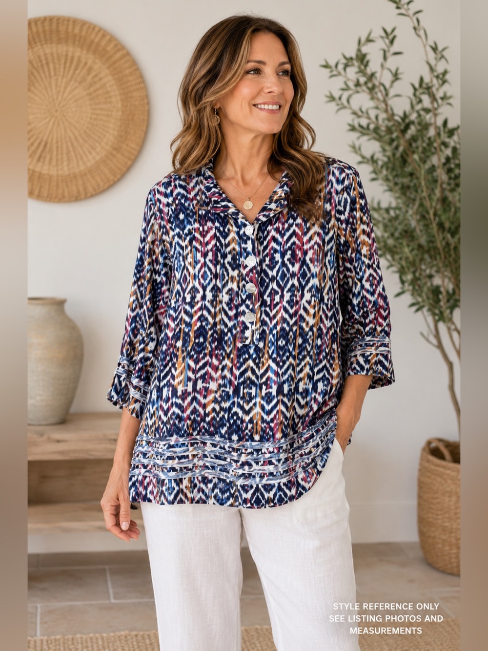 John Mark Ikat Rayon Linen Blend Tunic XL Boho Wire Collar 3/4 Sleeve